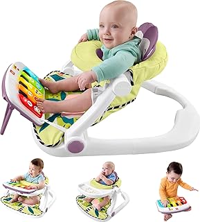 Fisher-Price Portable Baby Chair Kick & Play Deluxe Sit-Me-Up Seat with Piano Learning Toy & Tray for Infants to Toddlers, Purple Monkey