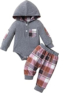 Sponsored Ad - Baby Boy Clothes Long Sleeve Hoodie Romper and Plaid Pants Set Fall Winter Baby Boy Outfit 0–18 Months