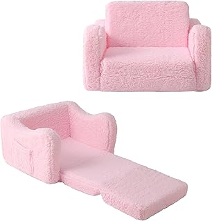 Kids Sofa for Toddler 1-3 Years, 2-in-1 Convertible Recliner & Lounger, Soft Sherpa Baby Couch for Girl and Boy, Baby Sofa Chair Fold Out Toddler Chair (Pink)