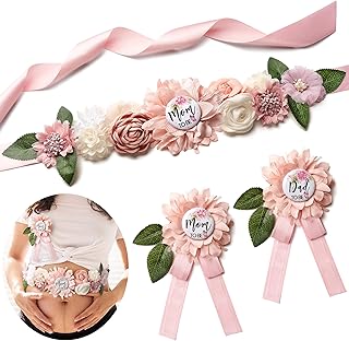 Baby Shower Maternity Sash Belly Belt-Pink Flower Sash Set Mom to Be & Dad to Be Corsage Pins for Gender Reveal