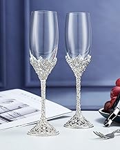 Champagne Flutes - Crystal Glass Metal Base With Crystal Stones, Set of 2 Toasting Flute Pair, Wedding Anniversary Party Birthday Banquets and Gifts for Bride and Groom(Silver)