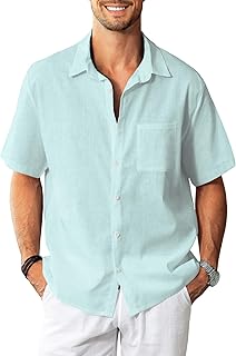 Sponsored Ad - Linen Shirts for Men: Casual Cotton Mens Short Sleeve Button Down Shirts Beach Wedding Summer Clothes with Pocket