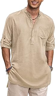 Men's Linen Henley Shirts Long Sleeve Collarless T-Shirts Longline Kurta Beach Shirts with Pocket