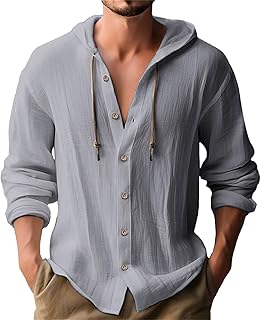 Linen Shirts for Men Casual Button Shirt Summer Cotton Linen Hoodie Beach Long Sleeve Shirts Top with Hood