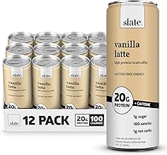 Slate Milk - High Protein Iced Coffee - Vanilla Latte - 175mg Caffeine, Lactose Free Energy - 20g Protein, 1g Sugar, 100 Calories, 1g Net Carbs, No Sugar Added - Protein Coffee - 11 fl oz, 12 Cans