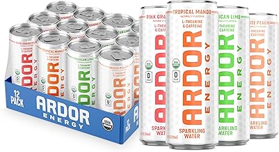 ARDOR ENERGY Sparkling Water with 100mg Natural Caffeine & 200mg L-Theanine from Organic Green Tea for Smooth Energy & Focus | Healthy Energy Drink | No Sugar, Zero Calories, Vegan, Gluten-Free | Trop