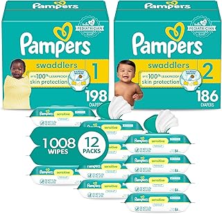 Baby Diapers and Wipes Starter Kit, Swaddlers Disposable Sizes 1 (198 Count) & 2 (186 Count) with Sensitive Water Based 12X Multi Pack Pop-Top Refill (1008 Count)