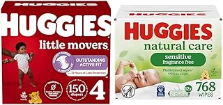Little Movers Bundle: Huggies Little Movers Baby Diapers, Size 4 (22-37 lbs), 300 Count (2 Packs of 150) & Huggies Natural Care Sensitive Baby Wipes, 768 Count (12 Packs of 64)