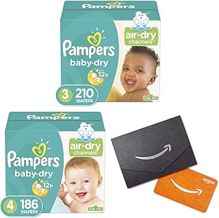 Diapers Size 3, 210 Count - Pampers Baby Dry Disposable Baby Diapers with Diapers Size 4, 186 Count and Amazon.com Gift Card in a Mini Envelope