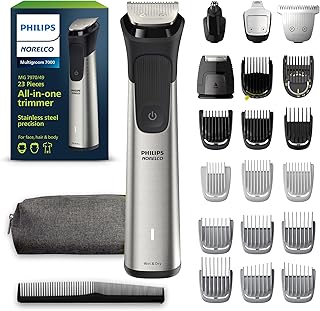 Philips Norelco Multigroom 7000 Series, All-in-One Trimmer, Beard Trimmer and Hair Clipper, 23-Piece Men's Grooming Kit for Beard, Face, Nose, Ear, Body, with Titanium Blades, Travel Pouch, MG7970/49