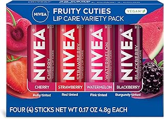 Lip Care, Fruity Tinted Lip Balm Variety Pack, Cherry, Strawberry, Blackberry and Watermelon Flavors, 3-in-1 Moisture, Repair and Color, 0.17 Oz Stick, Pack of 4